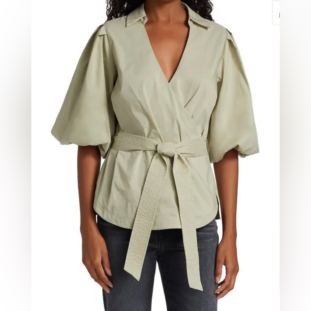 Jonathan Simkhai Waverly Pleated-Ballon Sleeve Wrap Top in Thyme